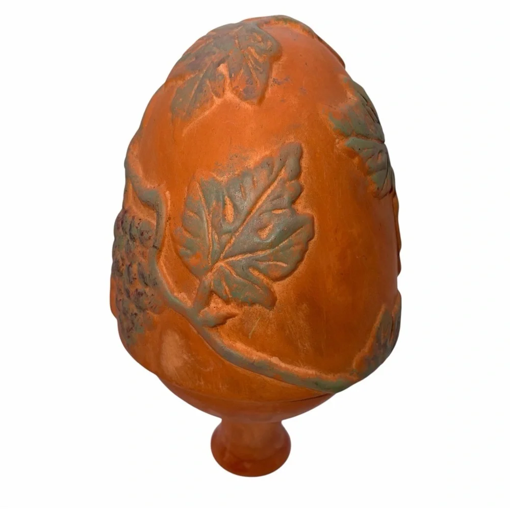VTG Terracotta Vessel Raised Leaf Fruit Motif Vase With Brass Stand